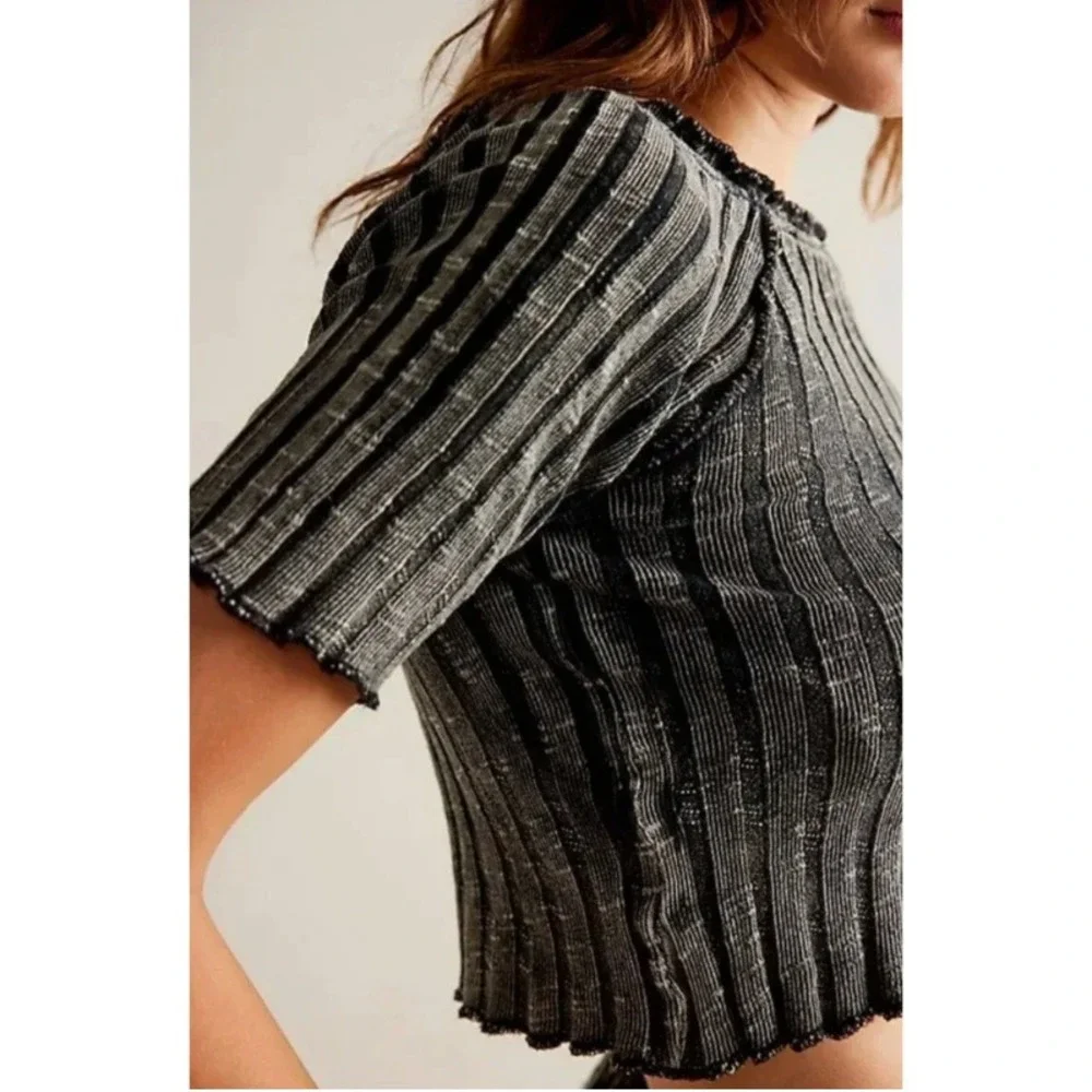 Free People We The Free Meant To Be Tee Black Ribbed Lettuce Trim Top XS NWT
